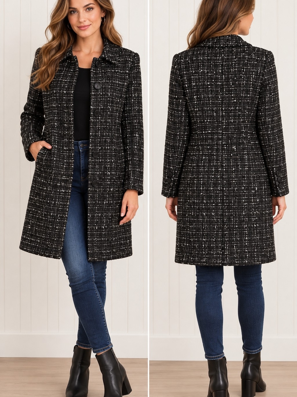 Tribal Black-and-White Tweed Pea Coat